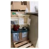 Pallet Lot: Metal Filing Cabinet, Framed Art Prints, Kids Play Kitchen, Red Sleds, Office and Pantry Items
