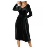 Velvet Long Sleeve Midi Dress, Dark Green XL