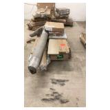 Pallet of Mixed Home Improvement Items including Curtain Rods, Flooring, Shelving, Moulding, and Projector Screen