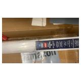 Pallet of Mixed Home Improvement Items including Curtain Rods, Flooring, Shelving, Moulding, and Projector Screen
