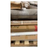 Pallet of Mixed Home Improvement Items including Curtain Rods, Flooring, Shelving, Moulding, and Projector Screen