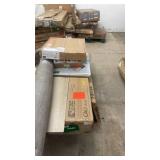 Pallet of Mixed Home Improvement Items including Curtain Rods, Flooring, Shelving, Moulding, and Projector Screen