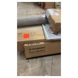 Pallet of Mixed Home Improvement Items including Curtain Rods, Flooring, Shelving, Moulding, and Projector Screen