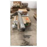 Pallet of Mixed Home Improvement Items including Curtain Rods, Flooring, Shelving, Moulding, and Projector Screen