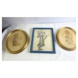 Set of 2 Framed Vintage Needlework and 1 Art Print