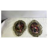 Pair of Ornate Brass Framed Floral Prints Wall Decor