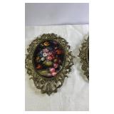 Pair of Ornate Brass Framed Floral Prints Wall Decor