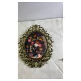 Pair of Ornate Brass Framed Floral Prints Wall Decor
