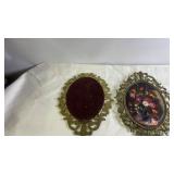 Pair of Ornate Brass Framed Floral Prints Wall Decor