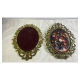 Pair of Ornate Brass Framed Floral Prints Wall Decor