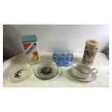 Kitchenware Collection with Blue Glasses, Flower Plates, Vintage Tins, and Gravy Boat