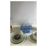 Kitchenware Collection with Blue Glasses, Flower Plates, Vintage Tins, and Gravy Boat
