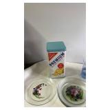 Kitchenware Collection with Blue Glasses, Flower Plates, Vintage Tins, and Gravy Boat