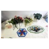 Lot of Artificial Flowers, Ceramic Pump Dispenser, Decor, and Beaded Coasters