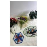 Lot of Artificial Flowers, Ceramic Pump Dispenser, Decor, and Beaded Coasters