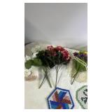 Lot of Artificial Flowers, Ceramic Pump Dispenser, Decor, and Beaded Coasters