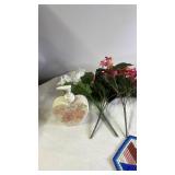 Lot of Artificial Flowers, Ceramic Pump Dispenser, Decor, and Beaded Coasters
