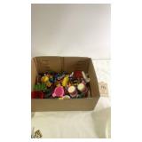 Box of Assorted Toy Cars, Play Dishes, and Mini Figures