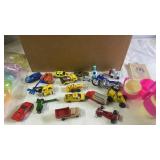Box of Assorted Toy Cars, Play Dishes, and Mini Figures