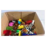 Box of Assorted Toy Cars, Play Dishes, and Mini Figures