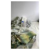 Bathroom Decor Lot with Rugs, Basket Collector Sign, Shower Curtain, and Bath Mat
