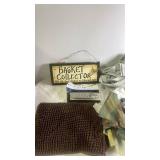 Bathroom Decor Lot with Rugs, Basket Collector Sign, Shower Curtain, and Bath Mat