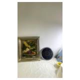 Framed Religious Print and Round Decorative Stained Glass Tray