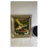 Framed Religious Print and Round Decorative Stained Glass Tray