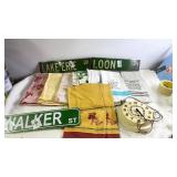 Group of Vintage Kitchen Towels, Decorative Street Signs, and Rotary Wall Clock