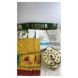 Group of Vintage Kitchen Towels, Decorative Street Signs, and Rotary Wall Clock