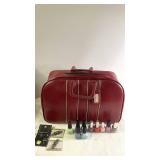 Red Vintage Suitcase with Jewelry and Nail Polish Collection