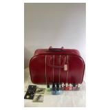 Red Vintage Suitcase with Jewelry and Nail Polish Collection
