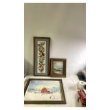 Set of 3 Framed Wall Art Pieces - Embroidered Birds, Seascape Oil Painting, and Barn Holiday Print