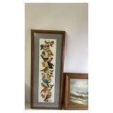 Set of 3 Framed Wall Art Pieces - Embroidered Birds, Seascape Oil Painting, and Barn Holiday Print
