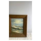 Set of 3 Framed Wall Art Pieces - Embroidered Birds, Seascape Oil Painting, and Barn Holiday Print