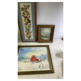 Set of 3 Framed Wall Art Pieces - Embroidered Birds, Seascape Oil Painting, and Barn Holiday Print