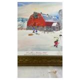 Set of 3 Framed Wall Art Pieces - Embroidered Birds, Seascape Oil Painting, and Barn Holiday Print