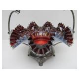 Exceptional Antique Victorian Glass Wedding Basket w/Original Ornate Stand