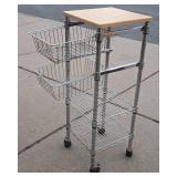 Rolling Chrome Table w/Drawers & Wood Top