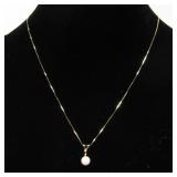 14K Solid Gold Necklace w/Pearl & Small Diamond