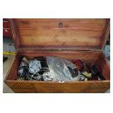 Antique Wood Chest with Contents - Car Parts, Lights