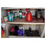 Contents of Cabinet - Chemicals, Paint, Bottle Jack