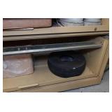 Metal Shelf with Contents - Sunflower Heater, Belt Sander, Sprinkler Parts