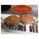 Vintage clay pans, wood bowls and o...