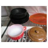 Vintage clay pans, wood bowls and o...