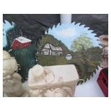Painted saw blades, jar and bottle ...