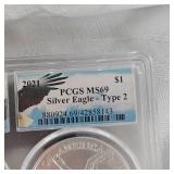 2021 Silver Eagle PCGS MS69, Type 1-2021 Silver Eagle PCGS MS69 Type 2