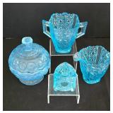 Vintage LE Wright Moon & Stars Candy Dish, L.G. Wright Blue Daisy & Button Creamer and Sugar and More