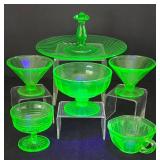Eclectic Selection of Vintage Uranium Glass Treasures including a Vintage Anchor Hocking Uranium Glass Sandwich Server