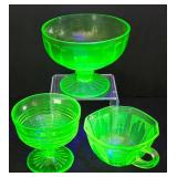 Eclectic Selection of Vintage Uranium Glass Treasures including a Vintage Anchor Hocking Uranium Glass Sandwich Server